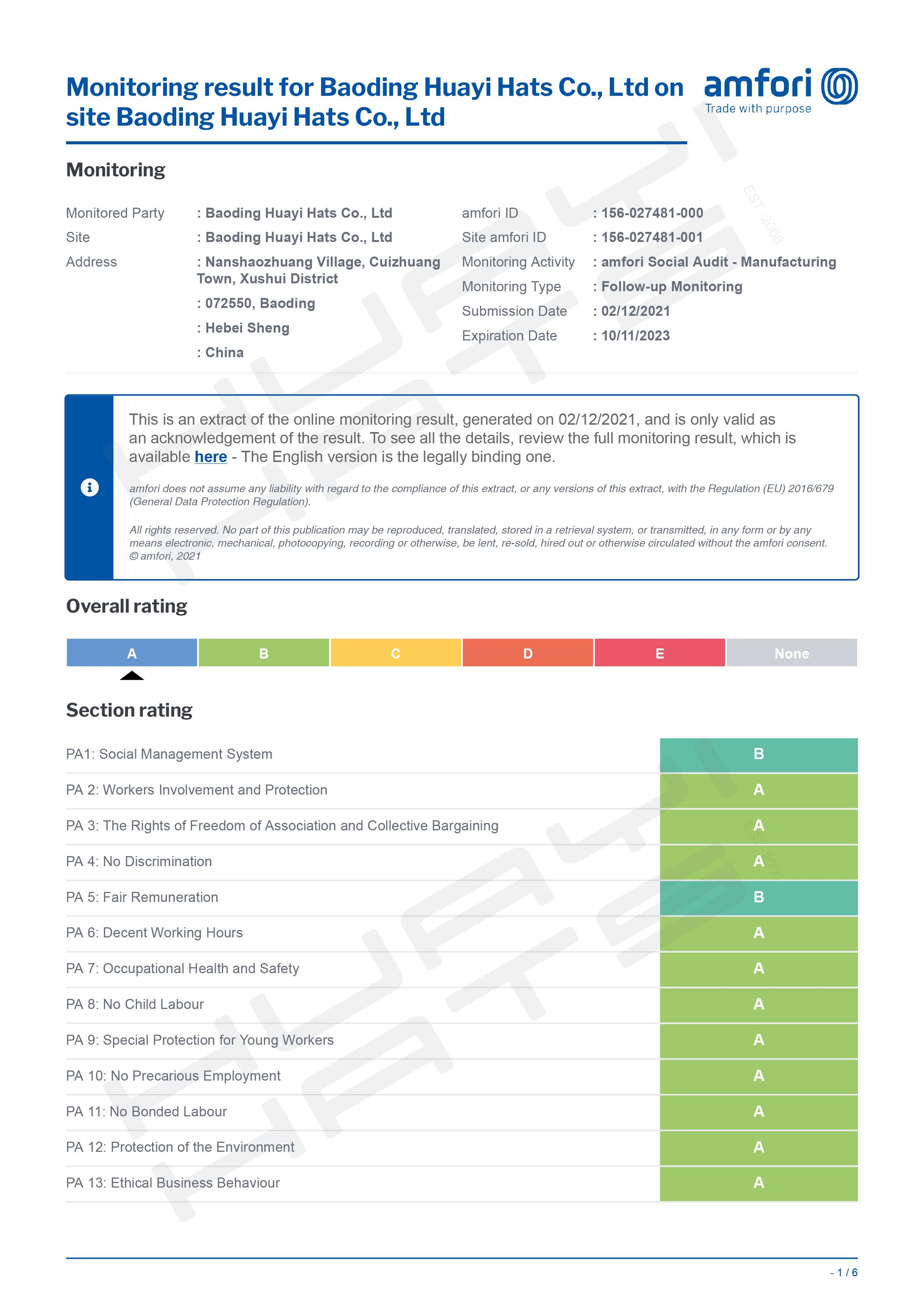 Baoding Huayi Hats Co.,LTD BSCI Certificate