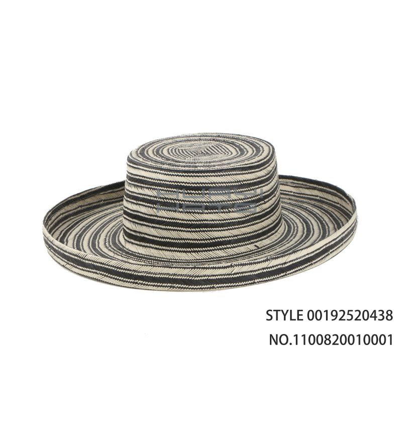 Black and White Striped Wide-Brim Straw Boater Hat