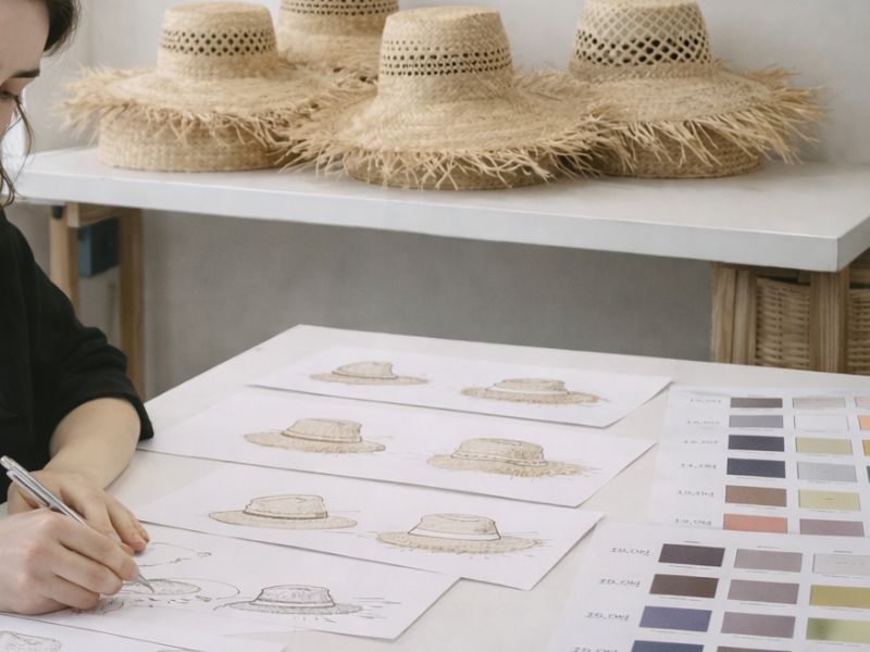 Hat concept development with sketches and material references