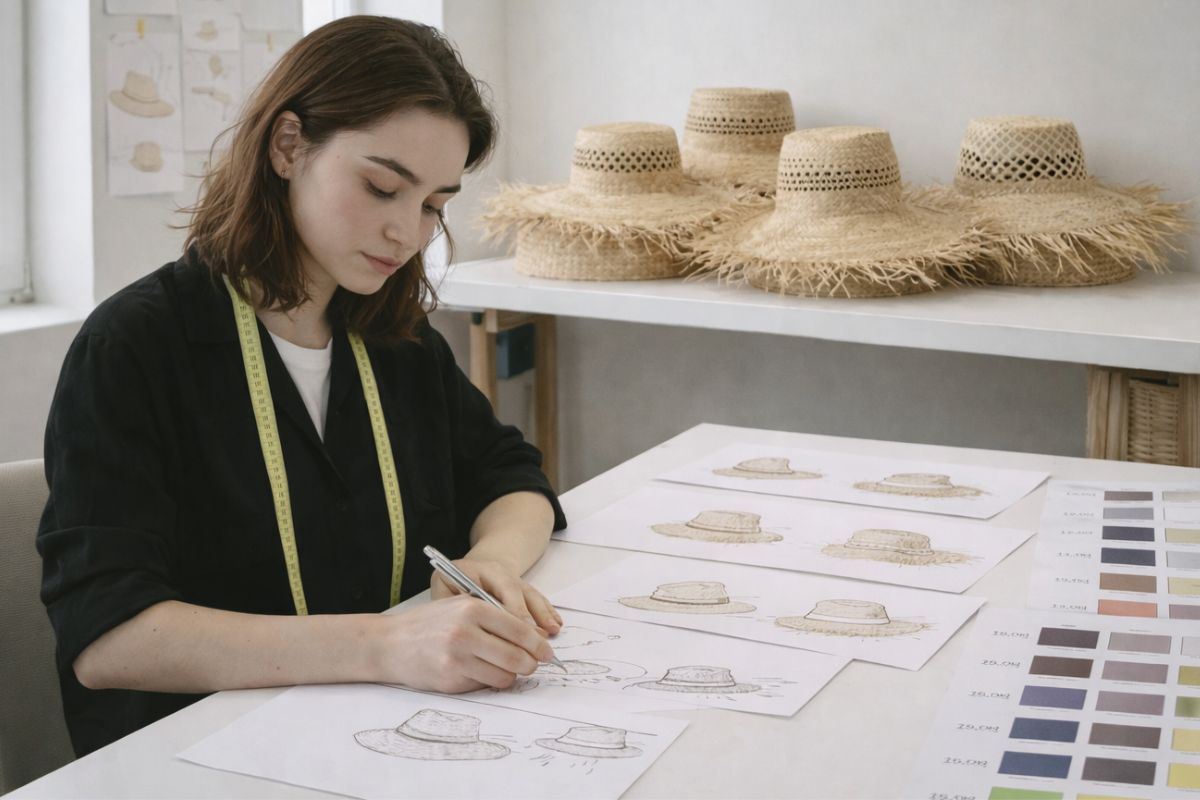 Huayi development team reviewing hat samples